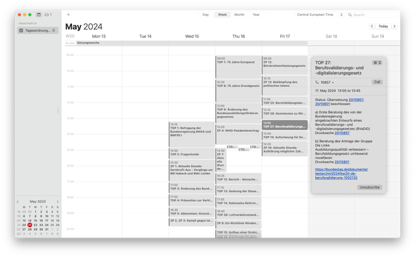 Screenshot eines Kalenders, der die Tagesordnungspunkte der Kalenderwoche 20 im Jahr 2024 anzeigt.